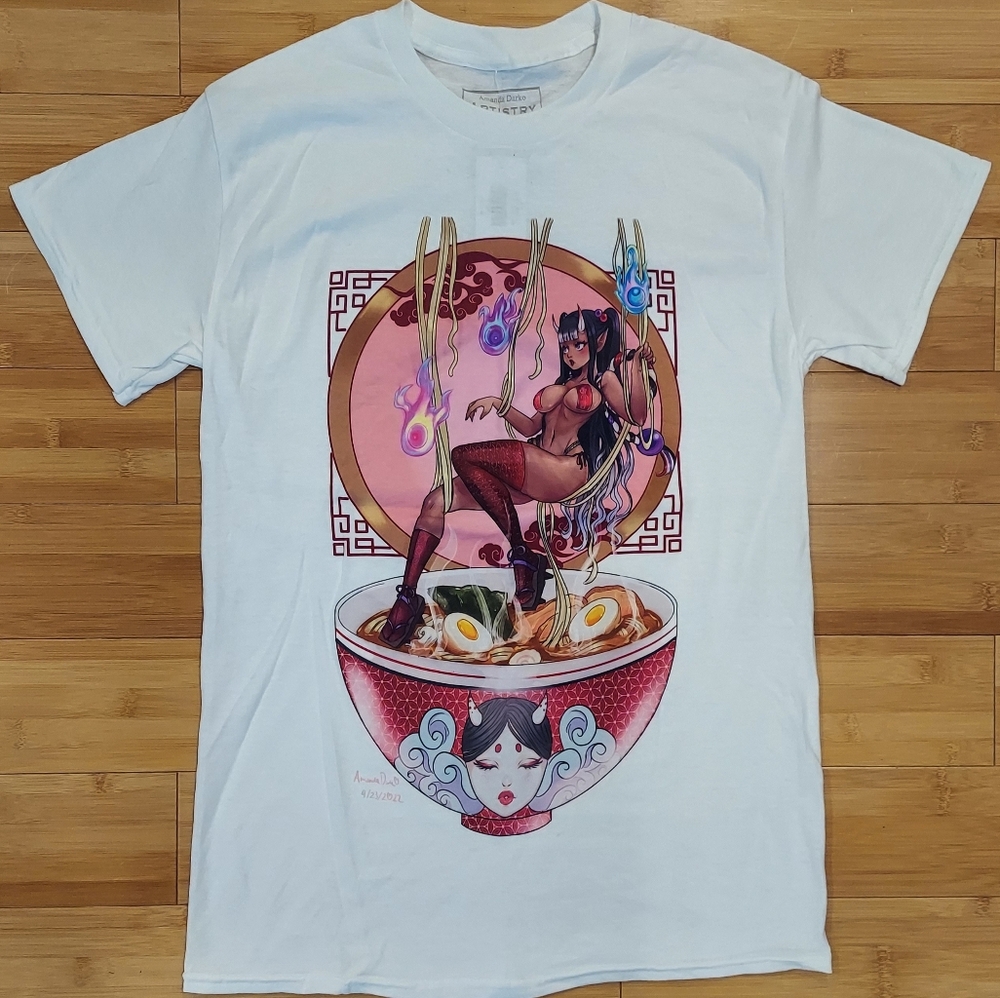 Spencer's White Amanda Darko Graphic T-Shirt Anime Manga Ramen Waifu Size Small